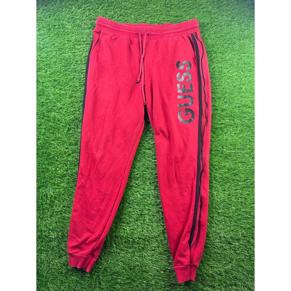 GUESS Los Angeles Jogger Sweatpants Unisex L Red Logo Black Track Pants Gym